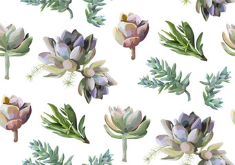 Materiał do szycia Seamless pattern: Succulent flower plant watercolor hand drawn beautiful elements. Vector nature botanical art elegant greenery wallpaper background print design Lovely various echeveria agave bouquet