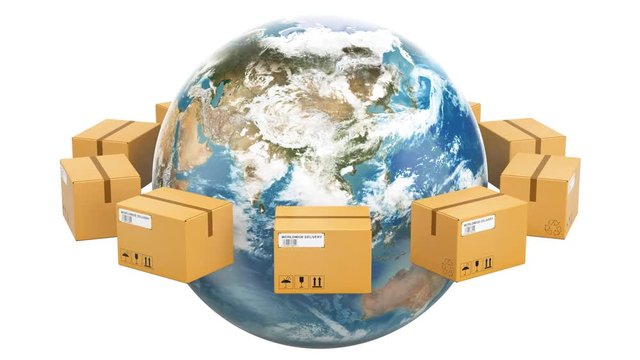 Global shipping and delivery concept, parcels rotating around the Earth. 3D rendering isolated on white background