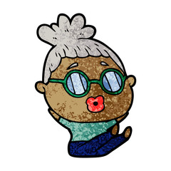 cartoon sitting woman wearing spectacles