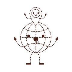 animated kawaii world globe and kawaii map pointer on top in monochrome dotted silhouette