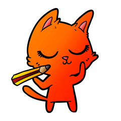 calm cartoon cat with pencil