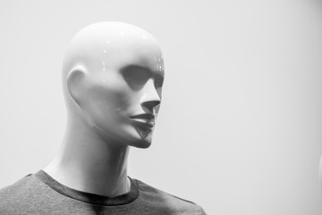 Close-up of a plastic mannequin head. Black and white