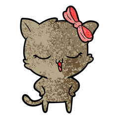 Obraz na płótnie Canvas cartoon cat with bow on head and hands on hips