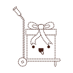 hand truck with big kawaii gift box in monochrome dotted silhouette