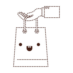 hand holding a trapezoid kawaii shopping bag in monochrome dotted silhouette