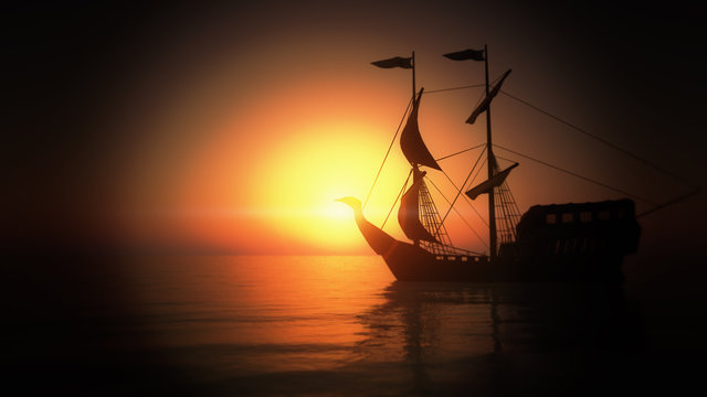 old ship in sea sunset