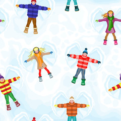 Winter seamless pattern with snow angel people