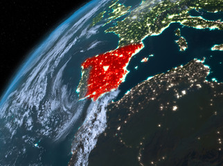 Spain on planet Earth in space at night