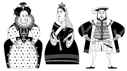 History of England. Queen Elizabeth I, King Henry VIII, Queen Victoria. Black and white.