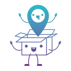 animated opened kawaii cardboard box with kawaii map pointer on top in degraded blue to purple color contour