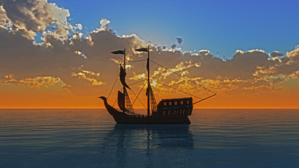old ship in sea sunset