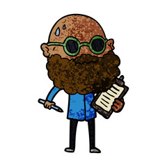 cartoon worried man with beard and sunglasses taking survey