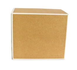 Cardboard square box with white edges set in vertical position, on white background