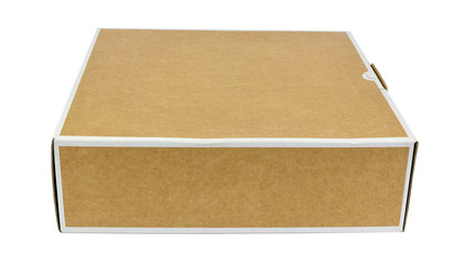 Cardboard square box with white edges in horizontal position, on white background