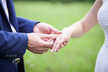 the bridegroom puts the ring on the finger of the bride