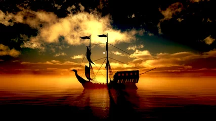 Fotobehang oud schip in zee zonsondergang © aleksandar nakovski