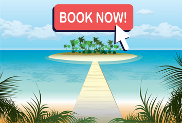 Obraz premium Cartoon travel banner template,tropical beach and summer trip,button- book now,