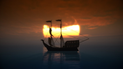 old ship in sea sunset