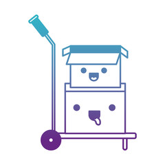 hand truck with kawaii cardboard boxes stacked and one opened in degraded blue to purple color contour