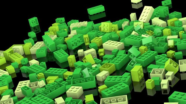 Green plastic bricks tumble into a pile (C4D Modeled/Rendered)