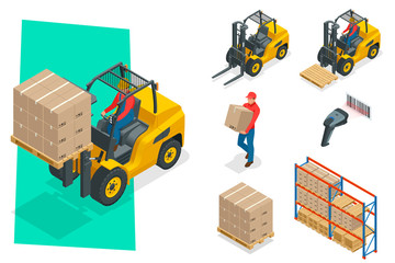 Isometric vector forklift truck isolated on white. Storage equipment icon set. Forklifts in various combinations, barcode, storage racks, pallets with goods for infographics. © Golden Sikorka