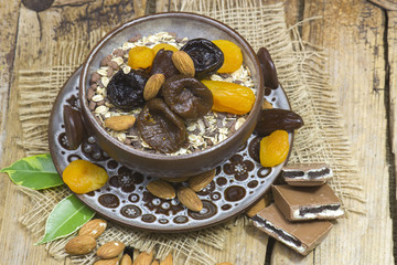 muesli with chocolate, almonds and dried fruits