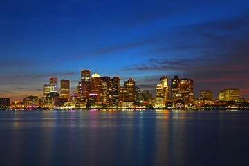 Fototapeta na wymiar Boston City Skyscrapers, Custom House and Boston Waterfront at night from East Boston, Boston, Massachusetts, USA.