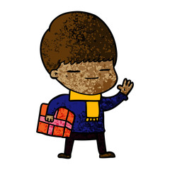 cartoon smug boy carrying present