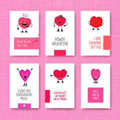 Fototapeta na wymiar Set of Valentine's Day cards with cute heart characters. For Greeting cards, gift tags, web banners.