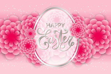 Vector Happy Easter calligraphic lettering with egg frame and colorful 3d paper flowers festive background. Retro holiday easter frame. shining confetti, spring illustration