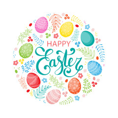 Vector Easter festive background with round shape frame of eggs, leaves, berries, branches. Happy Easter lettering. Doodle easter eggs with stripes, dots, flowers, waves. Isolated on white