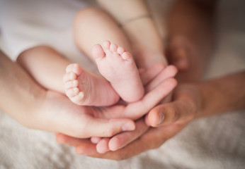 Obraz na płótnie Canvas feet of a newborn in the hands of parents