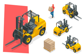 Isometric vector forklift truck isolated on white. Storage equipment icon set. Forklifts in various combinations, storage racks, pallets with goods for infographics. © Golden Sikorka