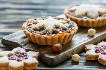 Cakes with dried fruits, orange jam and nuts.