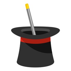 Wand in hat icon. Cartoon illustration of wand in hat vector icon for web.