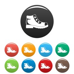 Hiking boots icons set in simple style many color circle isolated on white background