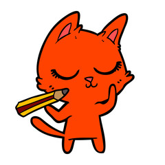 calm cartoon cat with pencil