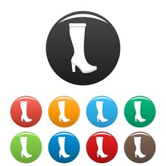 Woman boots icons set in simple style many color circle isolated on white background