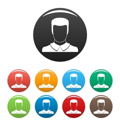 Male avatar icons set in simple style many color circle isolated on white background