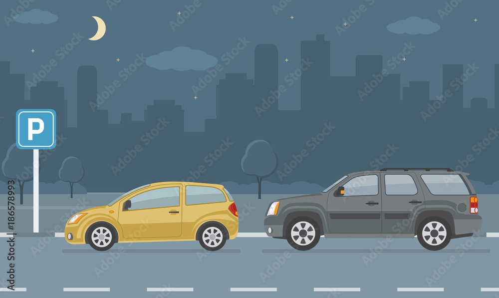 Wall mural parking lot with two cars on city background. vector illustration.