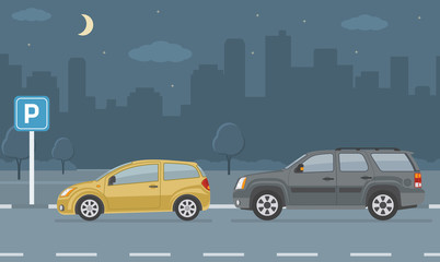 Parking lot with two cars on city background. Vector illustration.
