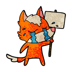 sad little fox cartoon character with protest sign