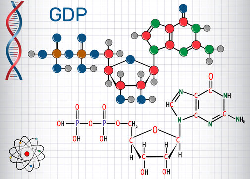 Guanosine diphosphate (GDP) molecule. Structural chemical formula and molecule model. Sheet of paper in a cage