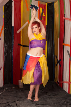 Pretty Pale Model with Short Red Hair in Experimental Trash Bag and Cardboard Set and Costume