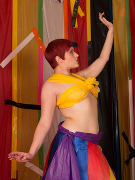 Pretty Pale Model with Short Red Hair in Experimental Trash Bag and Cardboard Set and Costume