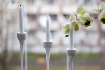 Three white candles in the elegant candle holder with an orchid blossom