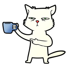 cartoon cat needing a refill of coffee
