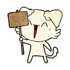 happy little cartoon dog holding sign