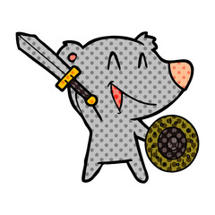 laughing bear cartoon with sword and shield