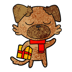 cute cartoon dog with christmas present